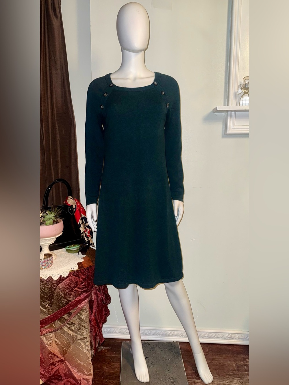 Boden Hunter Green Long-Sleeve Crewneck Dress with Shoulder Buttons